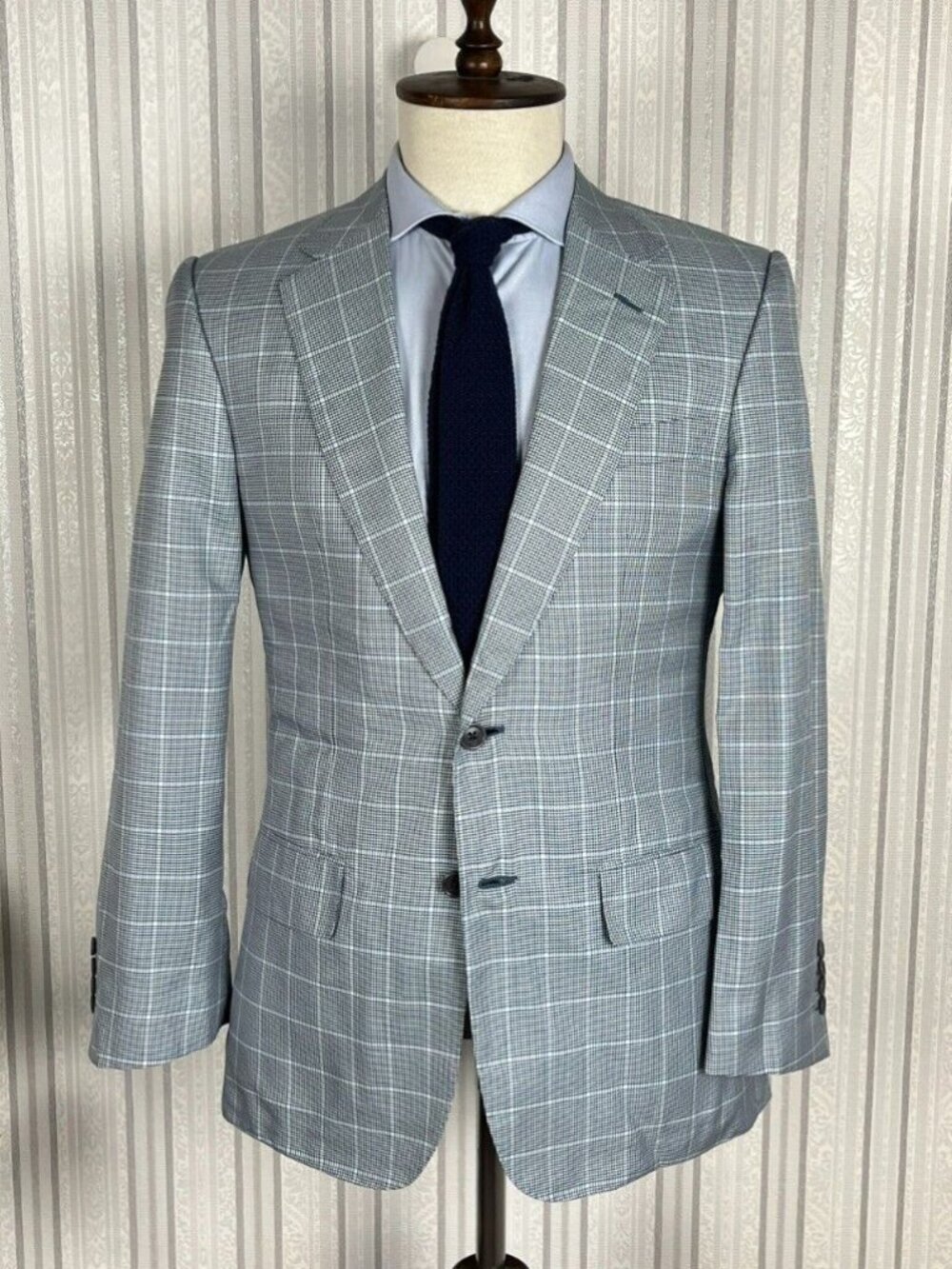 NWOT Lutwyche Savile Row Silver/Blue Check Hand-Tailored Sport Coat Jacket US40R